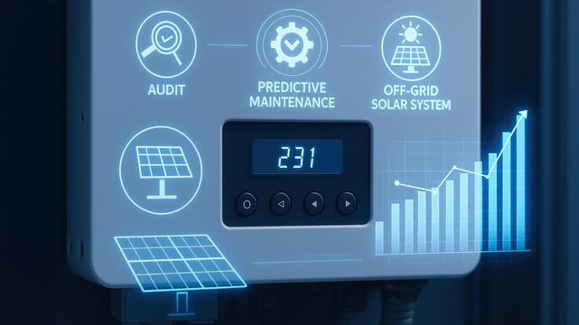 Smart solar inverter digital display energy output predictive maintenance off grid system control panel voltage audit icons efficient renewable energy management futuristic technology concept