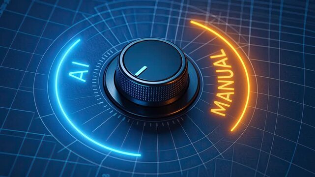 AI manual control knob with glowing blue and orange dial on futuristic digital interface showcasing advanced technology and innovative user interaction design