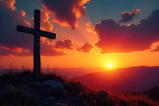 A serene landscape depicting a rustic wooden cross silhouetted against a vibrant sunset, conveying peace and spiritual reflection , life, cross