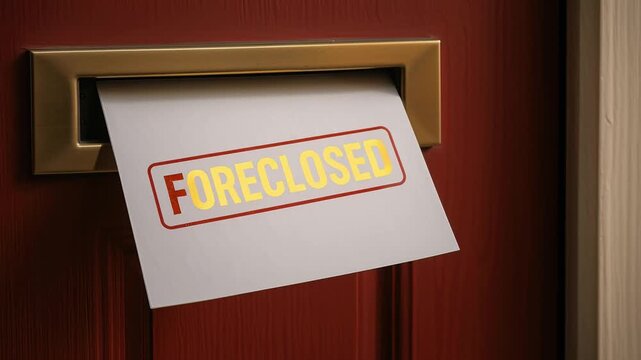 Foreclosure letter in mailbox slot on wooden door with financial notice indicating property repossession and urgent mail symbolizing economic hardship and home loss in residential setting