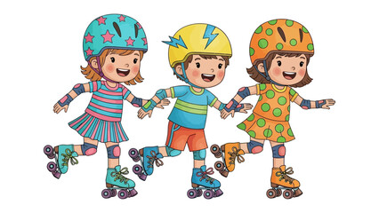 Friendship on Wheels: Three smiling children, helmets adorned, skate hand-in-hand with each other to represent unity and pure childhood fun.