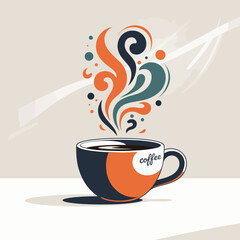 Stylized Coffee Cup Illustration with Swirling Steam and Warm Colors for Branding and Design Projects