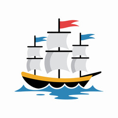 Stylized Sailing Ship Illustration with Blue Waves and Bright Flags A Voyage on the Open Sea