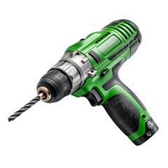 Png of green cordless drill with drill bit isolated on transparent background, a versatile tool for construction, repair, and home improvement projects