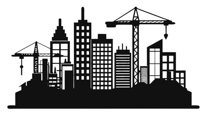 Obraz premium Vector art of silhouette of a construction site with cranes and buildings in the city