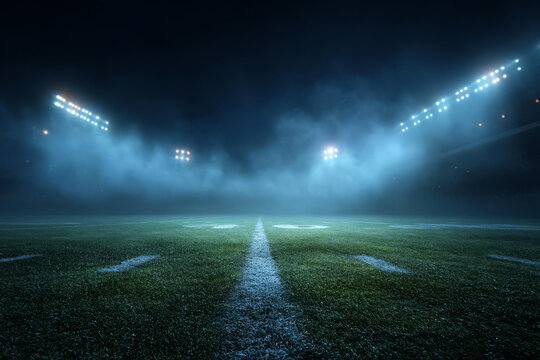 An empty American football stadium field at night with bright lights and atmospheric fog.