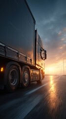Truck on highway at sunset side angle commercial transport logistics supply chain distribution global trade