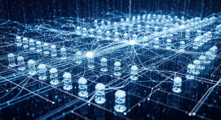 Digital Network Data Visualization with Bright Lines and Nodes in Blue Technological Style