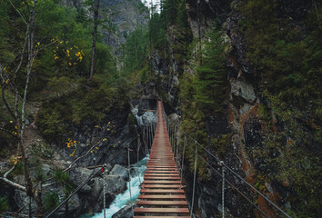 Fototapeta premium Wooden suspension bridge stretches over a rocky gorge surrounded by lush green trees in the mountains