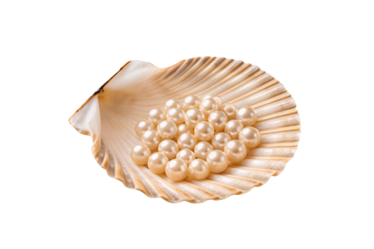 Elegant scallop shell viewed at angle displaying natural ridged pattern with cluster of white pearls nestled inside, isolated on a transparent background