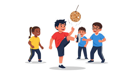 Kick the Cookie: A cheerful moment captured as a boy kicks at a cookie hanging in air and a circle of friends.