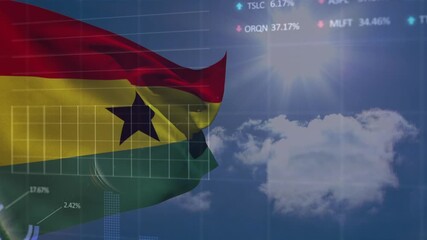 Animation of ghana flag waving over blue sky with bright sun, cloud and trading board - Powered by Adobe