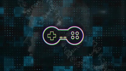 Animation of game pad over dna and black background with blue squares - Powered by Adobe