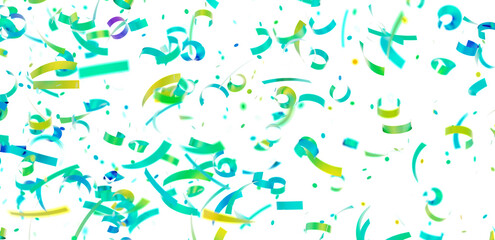 Vibrant teal, green, and yellow confetti falling on white. Perfect for party, celebration, and festive designs.