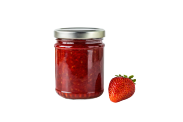 Glass jar filled with strawberry preserves in red syrup, isolated on a transparent background