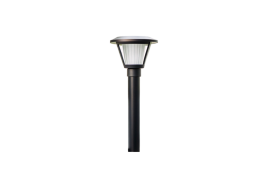 Modern black solar pathway light with LED bulb and sleek contemporary design, isolated on a transparent background