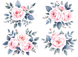  Set of Four Pink Rose Bouquets with Blue Leaves, Isolated on Transparent Background