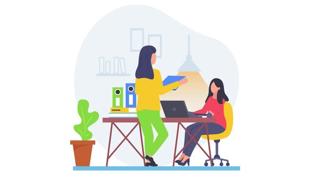 Coworkers Exchanging Files animation, seated woman with prosthetic arm receiving papers animated video, employment rehabilitation clip, people with disabilities footage, accessible workspace motion