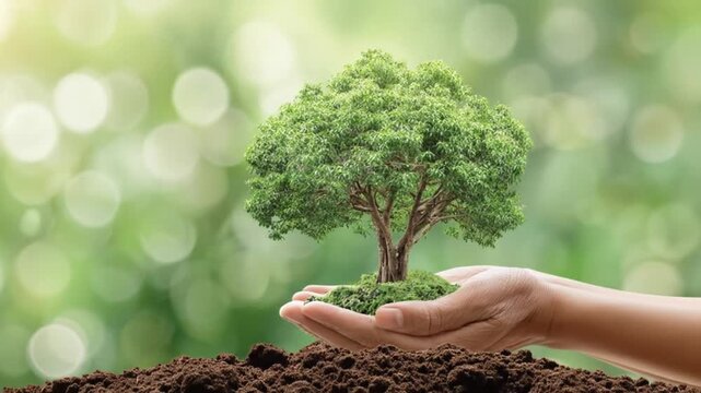 A small tree sits in a hand, representing environmental stewardship. Blurry, out-of-focus greenery in the background emphasizes the focus on nature