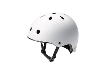 Modern white safety helmet with multiple ventilation holes and adjustable black chin strap system, isolated on a transparent background