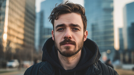 A handsome man with sad eyes stands against the backdrop of a large city. The concept of loneliness in the big city.