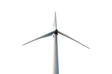 Close-up view of white wind turbine nacelle and blades, isolated on a transparent background