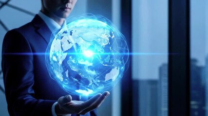 Business professional holding a glowing digital globe in a modern office with city skyline view - Powered by Adobe