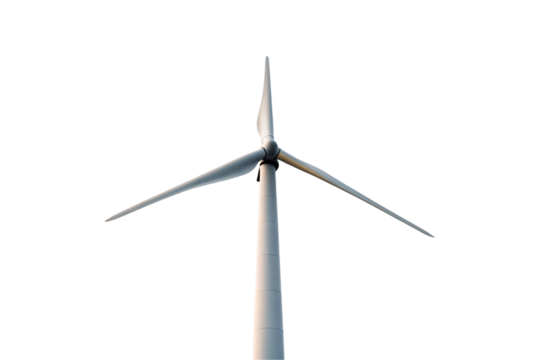 Close-up view of white wind turbine nacelle and blades, isolated on a transparent background