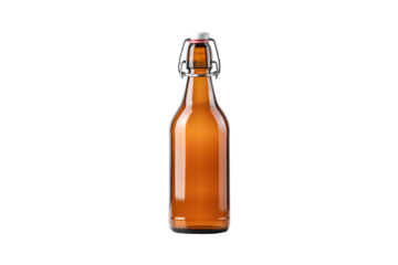 Amber glass flip-top bottle with hinged metal clasp and rubber gasket seal, isolated on a transparent background