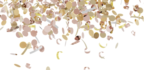 Beautiful image of rose gold and gold confetti falling on a white background. Perfect for celebrations and party themes.