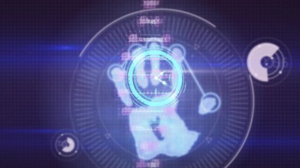 Animation of clock running against dna rotating, fingerprint on digital interface - Powered by Adobe
