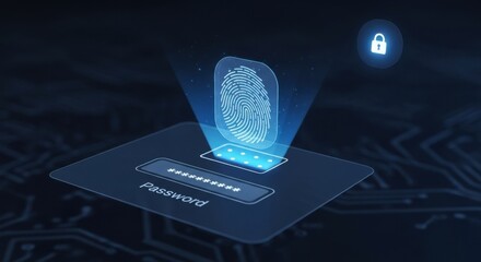 Digital Fingerprint Authentication with Password and Lock Icon in Futuristic Technology Setting