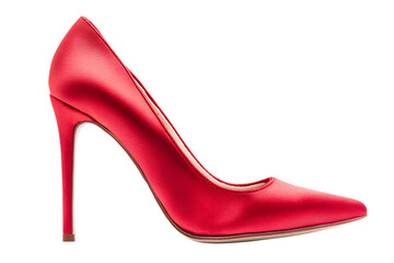 Elegant red satin stiletto high heel shoe isolated on transparent background