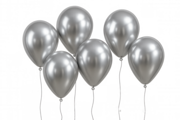 Realistic silver balloons floating with strings on a transparent background, perfect for celebrations, parties, and festive occasions