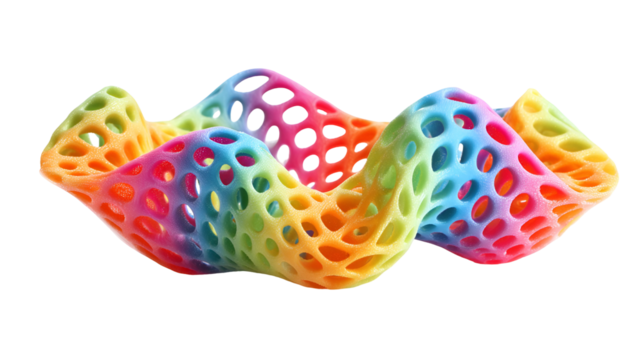 Abstract colorful wavy geometric sculpture isolated on transparent background