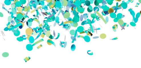 Bright teal and gold confetti falling on white background. Perfect for party, celebration, and festive designs.