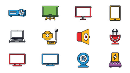 Presentation and Communication Devices: A colorful array of essential presentation and communication devices, including a projector, display screens, and speaker.