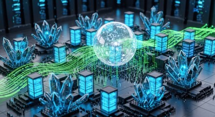 Futuristic Digital Data Center with Glowing Blue Servers and Green Data Streams