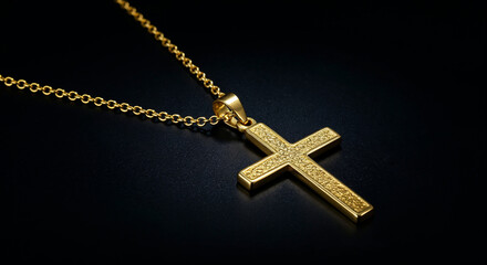 Fototapeta premium Close-up of elegant gold cross necklace on dark background 