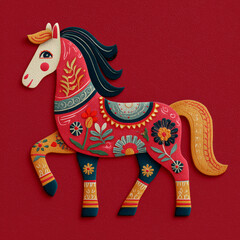 Ozdobny koń z kwiatami i tradycyjnymi wzorami na czerwonym tle &ndash; styl ludowy, świąteczna ilustracja