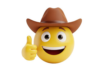 Happy emoji with cowboy hat giving thumbs up, isolated on transparent background