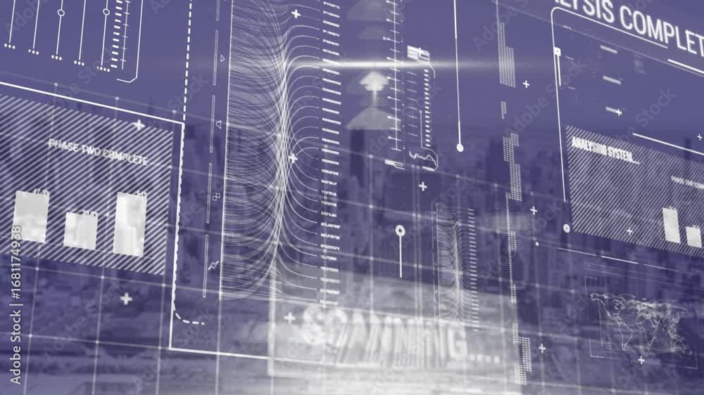 Wall mural animation of infographic data scanning process on digital interface against cityscape