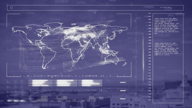 Animation of data processing with world map on digital interface - Powered by Adobe