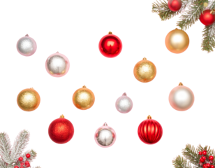 From above of decorative Christmas baubles arranged on pink background in studio for