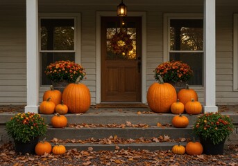 Obraz premium Autumn porch decorated with pumpkins and flowers leading to door 