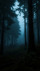 A dense dark forest where tall trees block out the sky, no animals or sound present