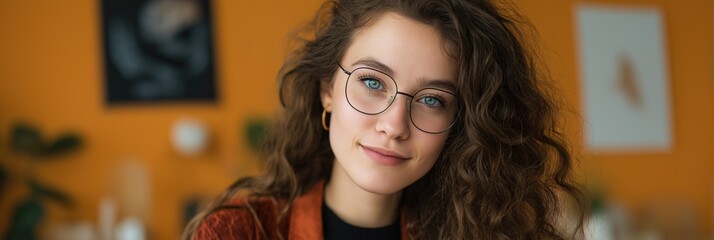 Young caucasian female with curly hair and glasses in stylish indoor setting