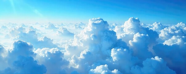A breathtaking aerial view of a vibrant blue sky, fluffy clouds drifting lazily below, evoking freedom and tranquility Perfect for travel, adventure, and serenity themes , vastness, light