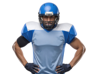 A football player in a blue uniform stands confidently, wearing a helmet and protective gear, ready for action.