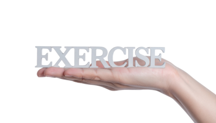 A hand holds the word "EXERCISE" in bold letters, emphasizing fitness and health in a minimalist setting.